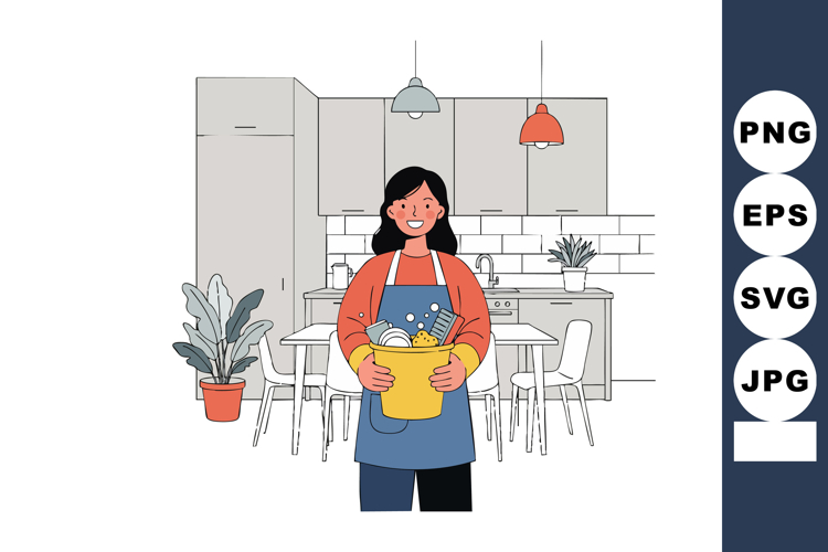 Woman holding yellow basket with kitchenware in modern kitch