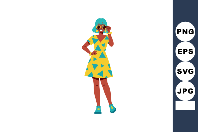Woman in yellow dress with blue geometric shapes wearing sun