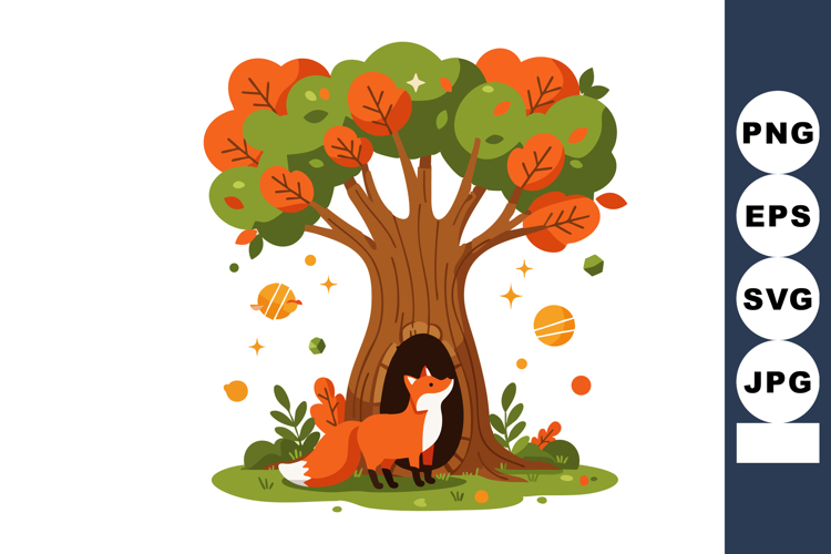 Fox standing under large tree with green and orange leaves a