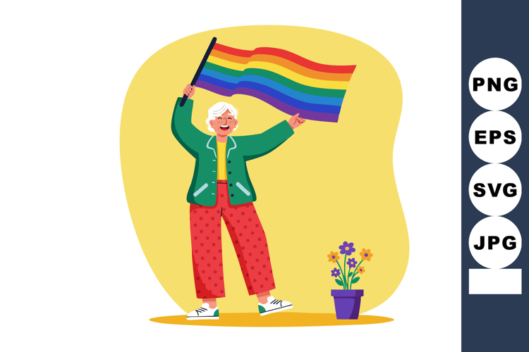 Elderly Person Waving Rainbow Pride Flag Standing Near Flowe