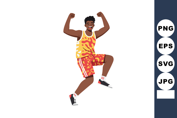 Young man celebrating victory in colorful sportswear with ra