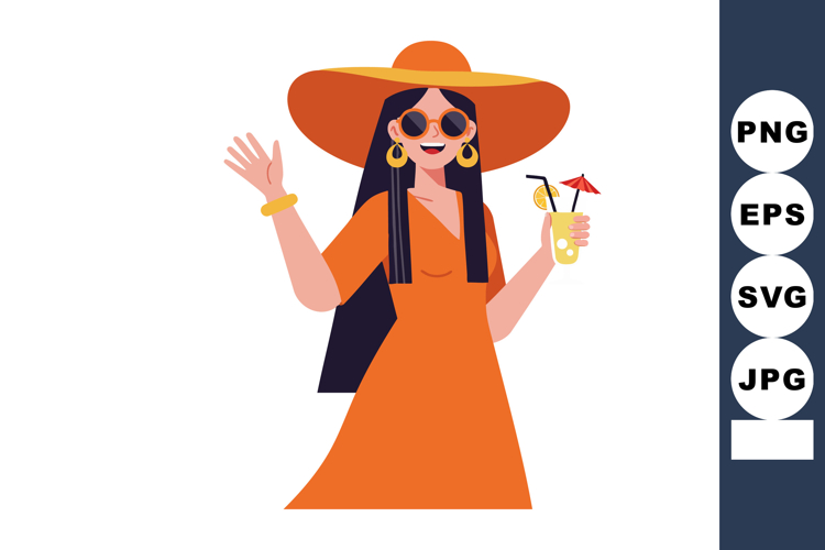 Woman in orange dress and hat holding cocktail and waving ha