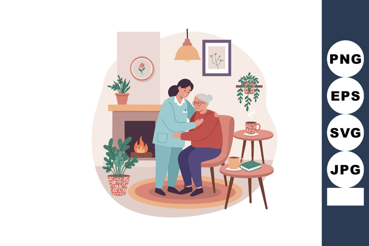Caregiver Assisting Elderly Woman in Cozy Living Room with P