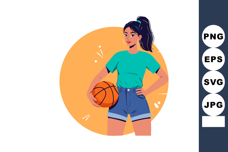Young woman holding basketball in casual outfit with ponytai