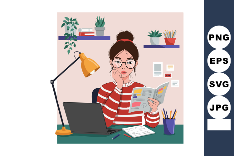 Woman Reading Document at Desk with Laptop and Desk Lamp Vec
