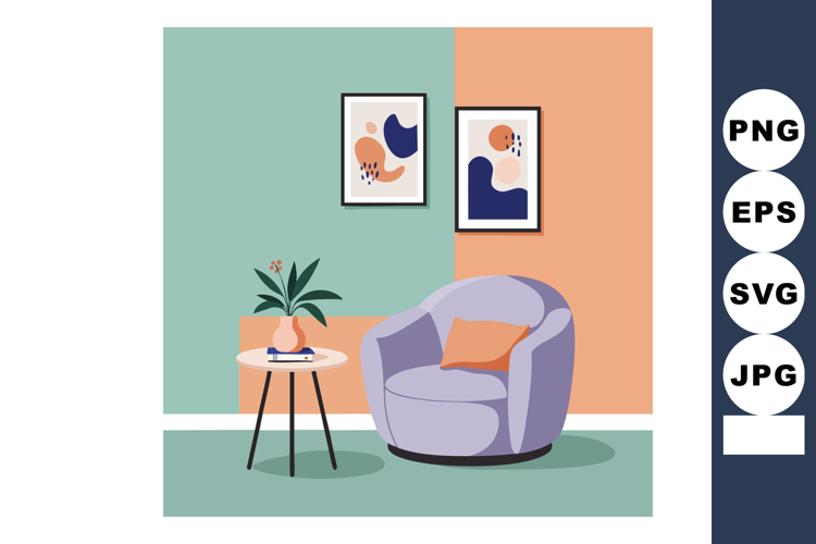 Comfortable armchair with orange pillow and decorative art i