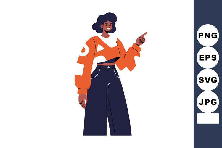 Young woman in orange cropped sweater pointing with confiden