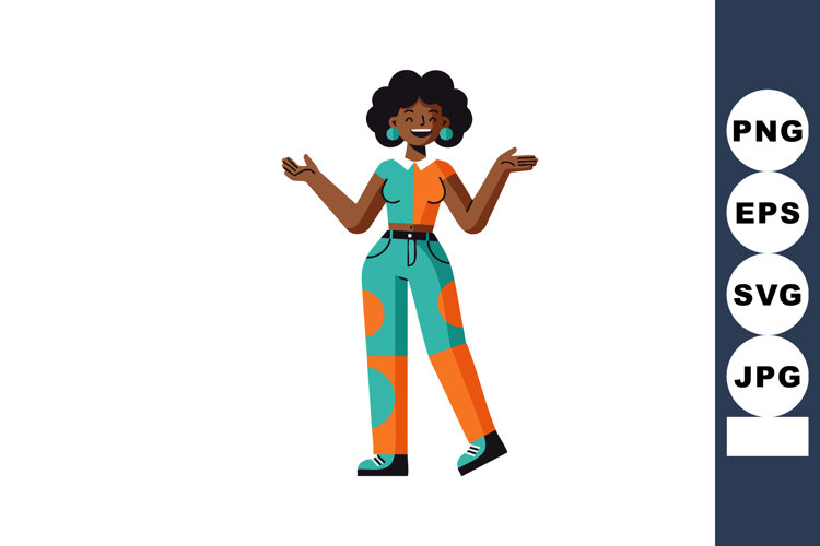 Young woman in colorful casual outfit standing with arms ope example image 1