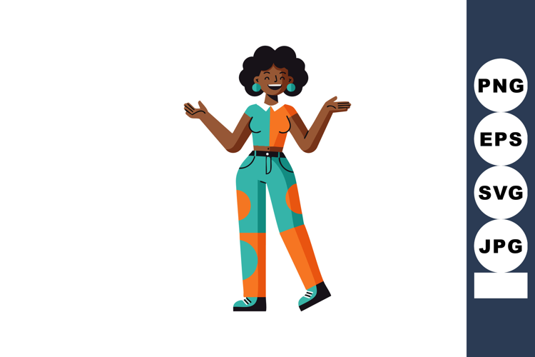 Young woman in colorful casual outfit standing with arms ope