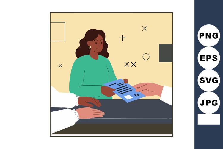 Woman handing paper document in office setting with two peop