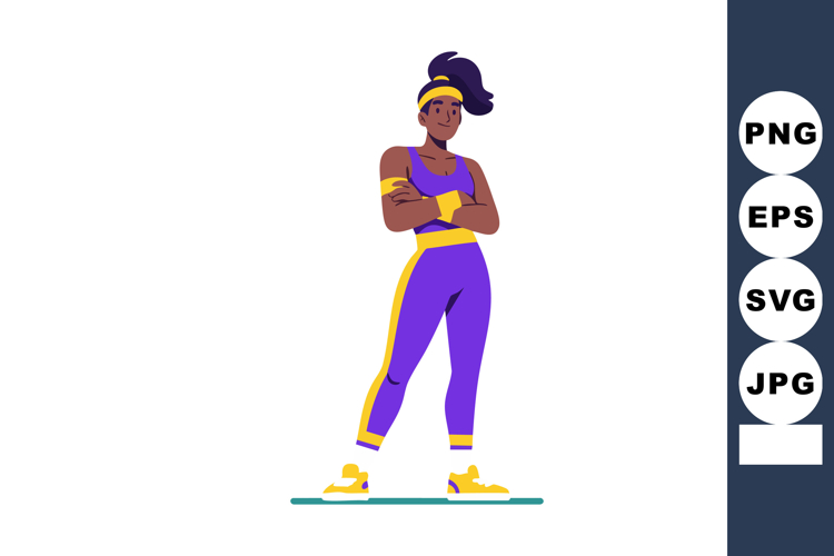 Confident athletic woman in purple and yellow sportswear sta