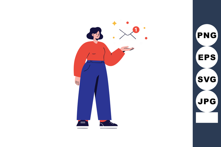 Woman with notification alert symbol and abstract design in