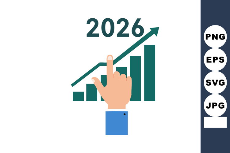 Business growth chart with hand pointing to 2026 upward tren
