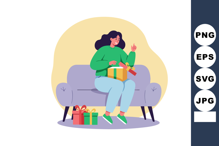Woman sitting on couch opening gift box in green sweater and