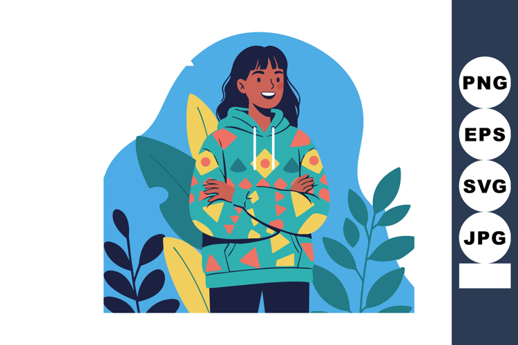Confident young woman wearing colorful hoodie with arms cros