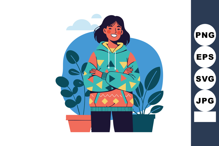 Young woman standing in colorful hoodie with plants backgrou