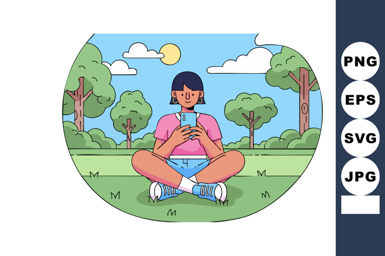 Person Sitting Cross Legged Using Smartphone in Park with Tr