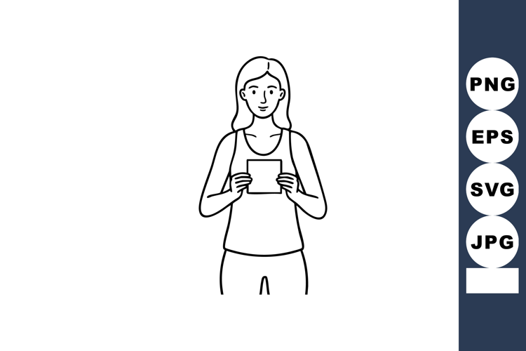 Woman Holding Paper Document Front View Simple Black Line Dr