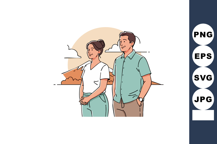 Young couple standing outdoors with casual clothing and scen