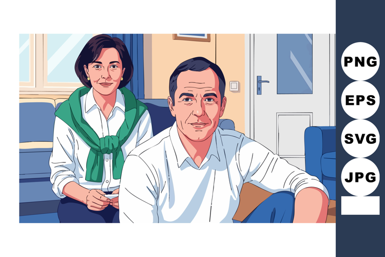 Middle aged man and woman sitting in living room casual indo