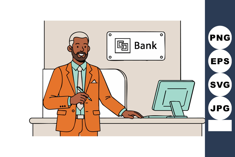 Businessman in orange suit working at bank counter with comp