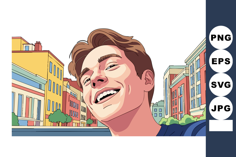 Young man smiling outdoors with colorful urban buildings in