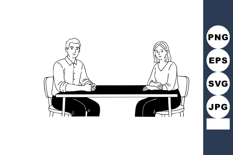 Man and woman sitting at table facing each other in simple l