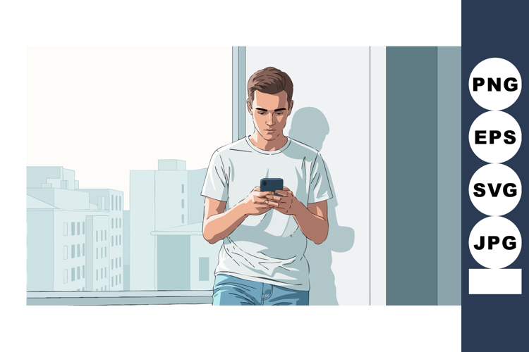 Young man using smartphone leaning on window with cityscape example image 1