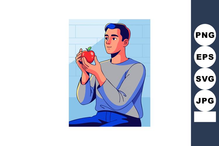 Man Holding Red Apple Sitting Casual Portrait Vector Illustr example image 1