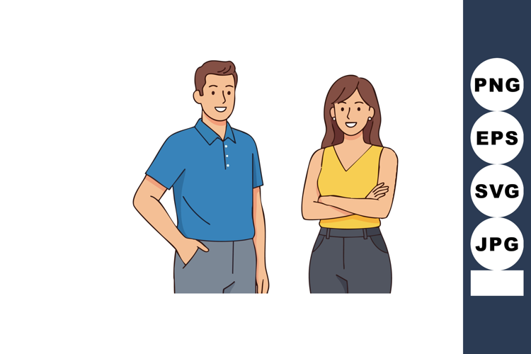 Young man and woman standing together casual clothing smilin