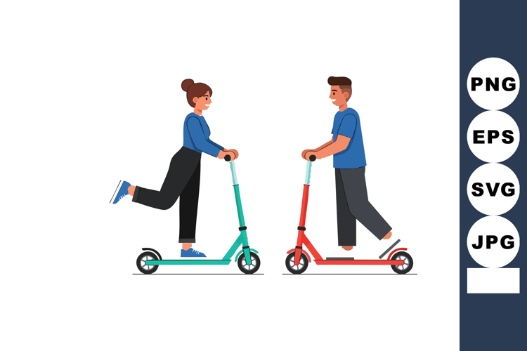 Young Man and Woman Riding Electric Scooters in Casual Cloth example image 1