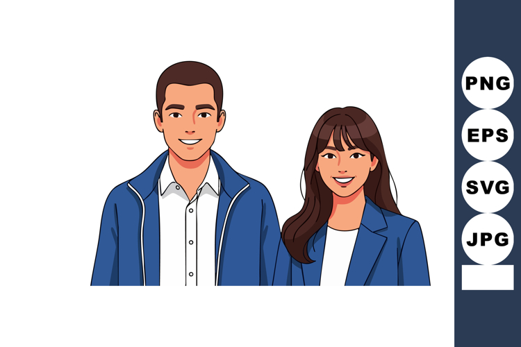 Young man and woman smiling together in casual blue jackets