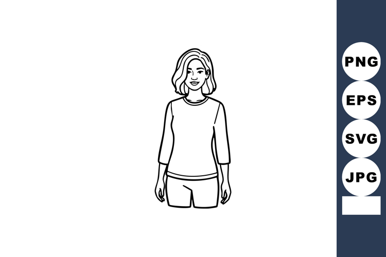 Woman standing casual pose black and white line art vector i