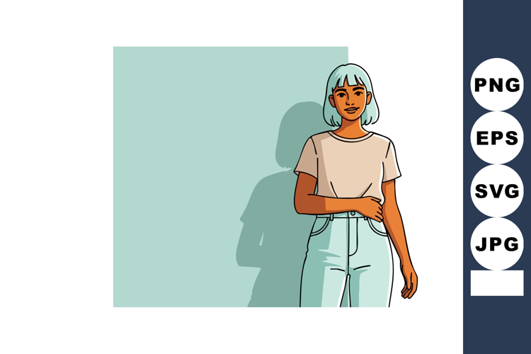 Young woman standing near blue wall casual clothing lifestyl example image 1