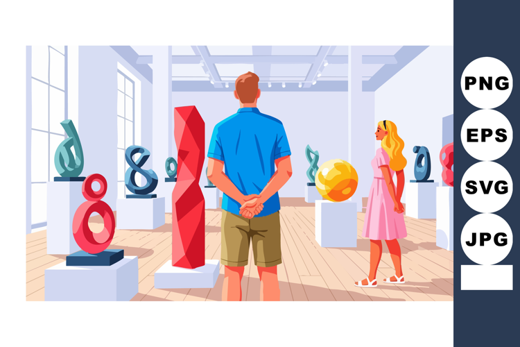 Modern art gallery visitors admiring colorful abstract sculp