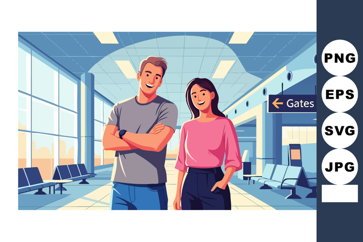 Happy young couple walking confidently through modern airpor