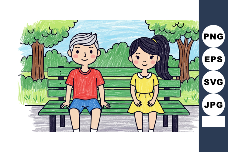 Young boy and girl sitting on green park bench in summer day