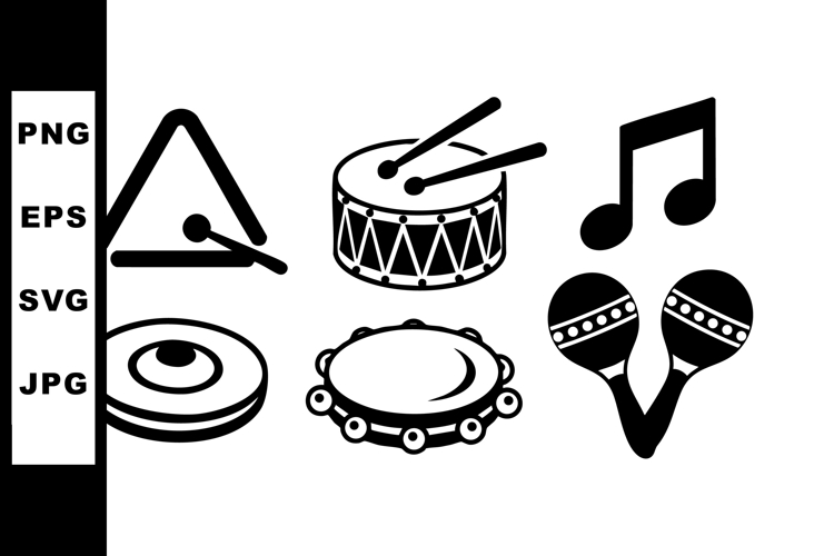Percussion musical instruments vector set with drum triangle