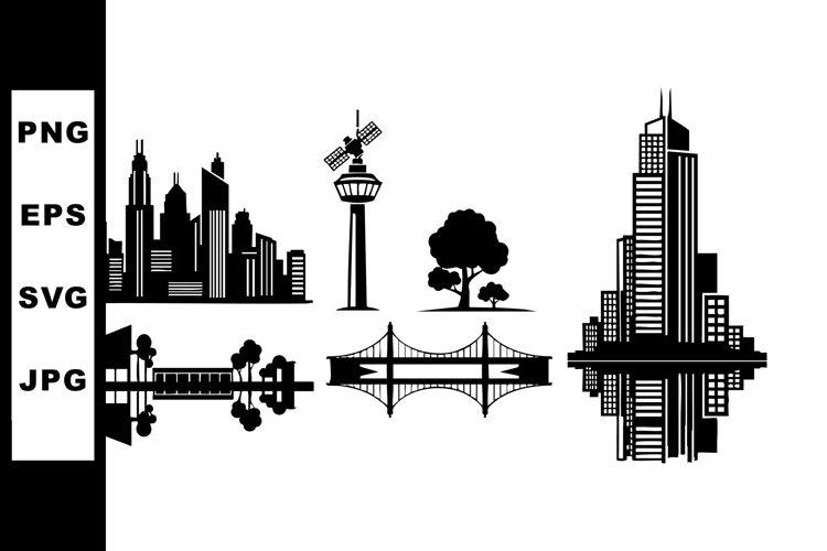 Urban city skyline silhouette with modern skyscrapers bridge