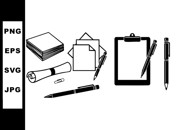Office stationery set with papers pens clipboard and note sh