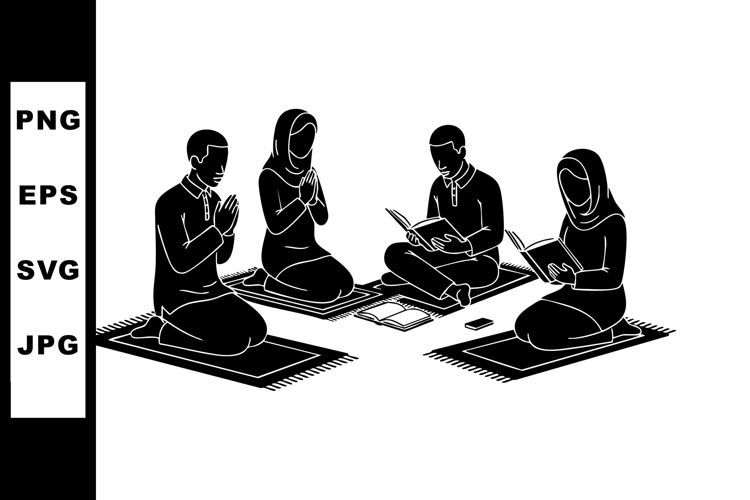 Muslim family praying and reading Quran vector illustration