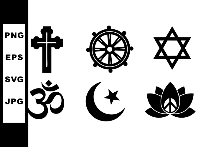 Religious symbols collection including cross, dharma wheel,