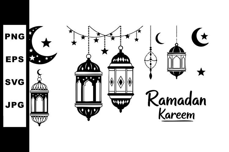 Ramadan Kareem black and white lanterns crescent moon stars