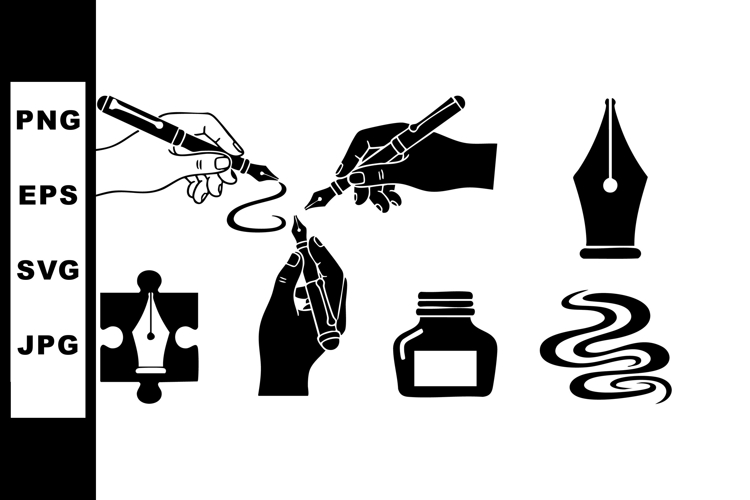 Hand Drawing Ink Pen Vector Set with Ink Bottle and Nib Icon
