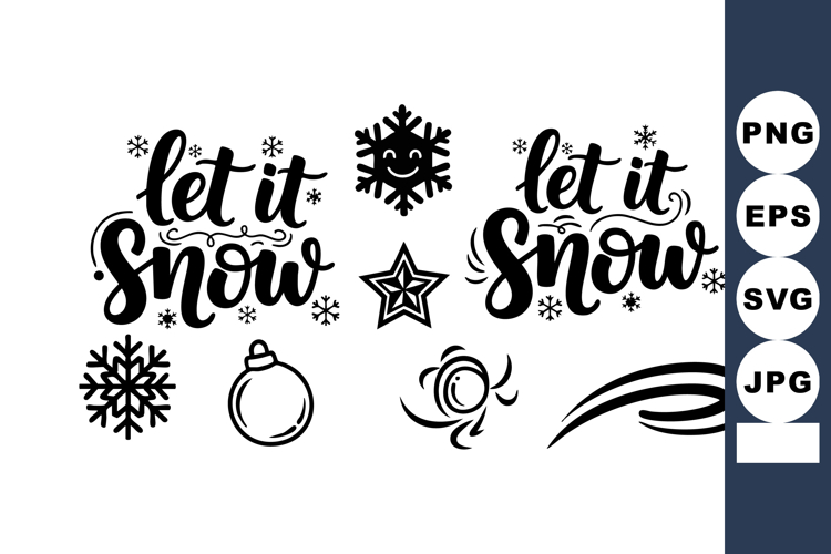 Let it snow text calligraphy with snowflakes stars and holid