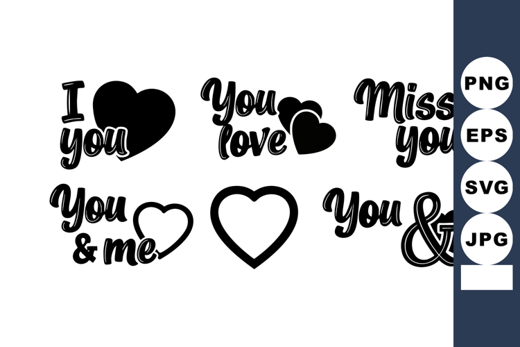 Love-themed calligraphy with hearts and romantic phrases for