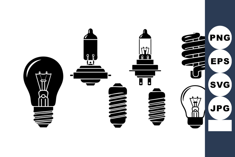 Black and white vector set of various light bulbs including
