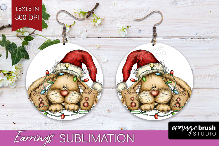 Rabbit Tangled In Christmas Lights Round Earrings Funny Xmas