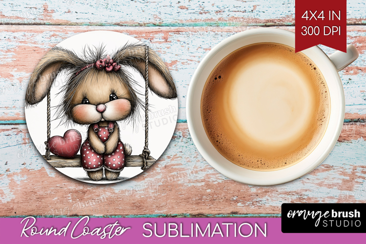 Rabbit Valentine Round Coaster Whimsical Animal Coaster PNG