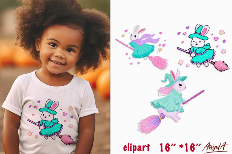 Cute witch rabbit on broomstick Halloween clipart PNG